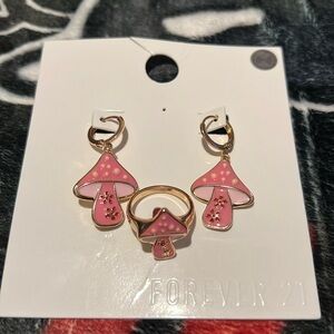Pink shroom earrings and ring set! Ring size 7. Mushroom earrings!